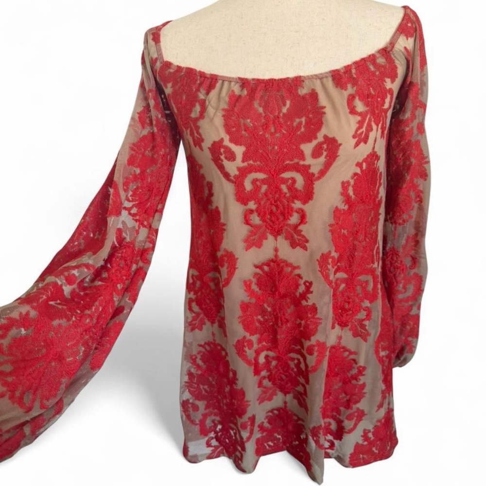 For Love & Lemons Precioso Red Lace Off Shoulder Mini Sheer Dress Small Boho